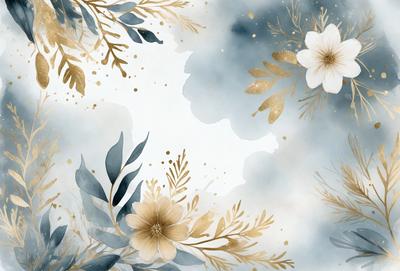 The primary subject of the image is a beautiful floral arrangement, featuring a mix of gold, white, and blue colors. The setting is a cloudy sky, which serves as a stunning backdrop for the flowers. The visual style of the image is a combination of digital art and illustration, creating a captivating and artistic representation of the flowers. The colors and mood of the image are serene and calming, with the gold, white, and blue tones evoking a sense of tranquility and natural beauty